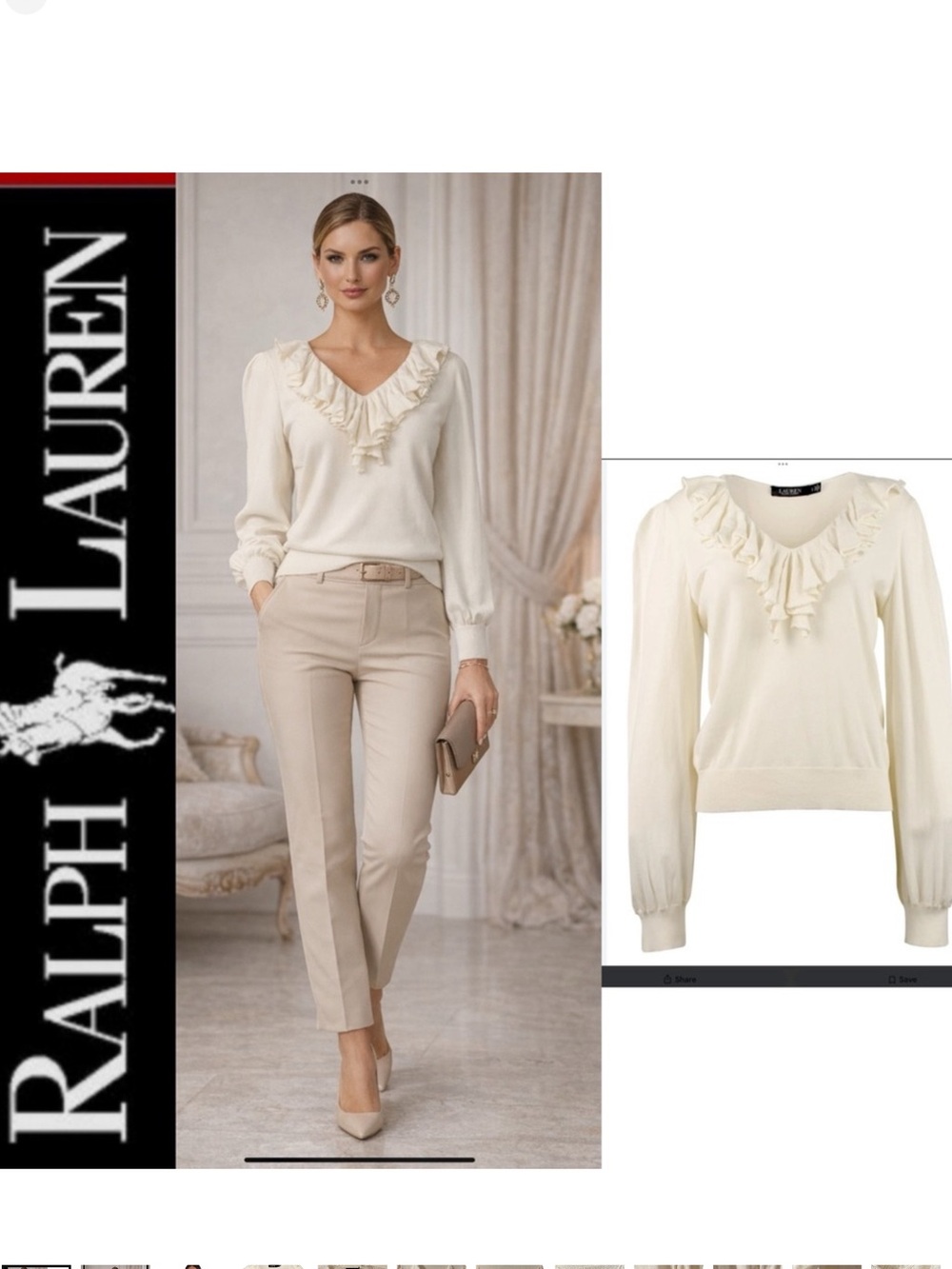 Lauren Ralph Lauren Ruffle V-Neck Pullover‎ Sweater  Winter Cream Black Label 1X